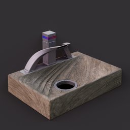 Wooden basin with brushed metal tap